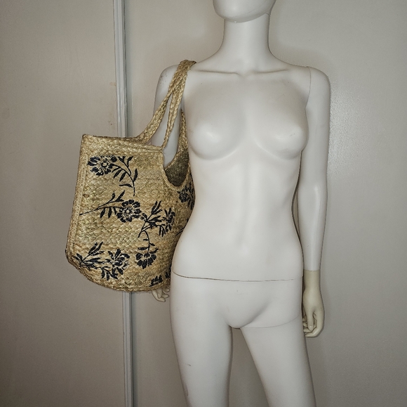NEW Floral Woven Tote Bag - Natural, Blue And Gold Made In India - Picture 8 of 8